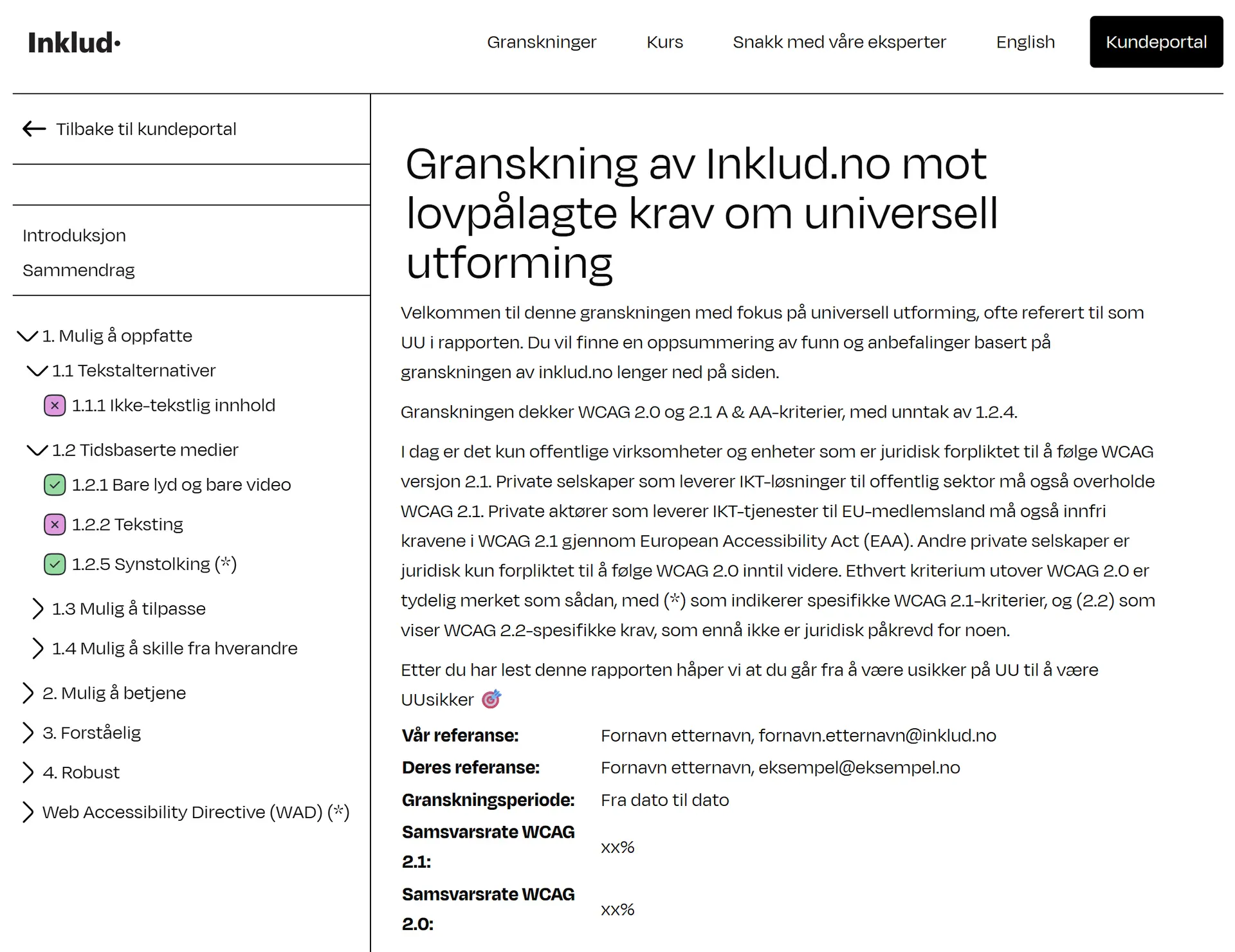 Skjermdump av en granskning i kundeportalen til Inklud.no, gjengir vurdertstatus på ulike kriterier.
